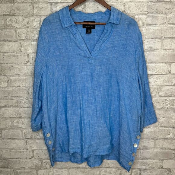 Tahari Tunic Top 1X Blue 100% Linen Popover Collar V Neck Button Trim‎ Lagenlook - Picture 1 of 13